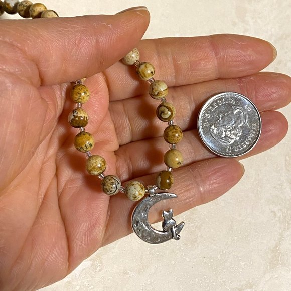 Jasper Stone Silver Cat on the Moon Necklace, Genuine Gemstone Beaded Necklace - Picture 8 of 8